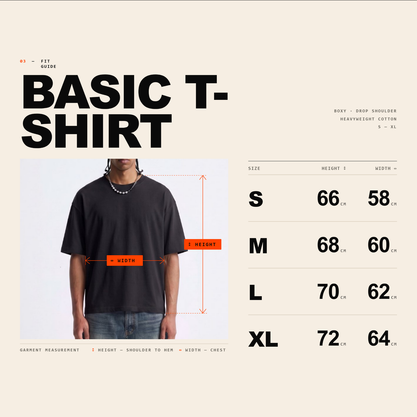 Size chart for CLOCAL BASIC TEE: measurements in centimetres per size