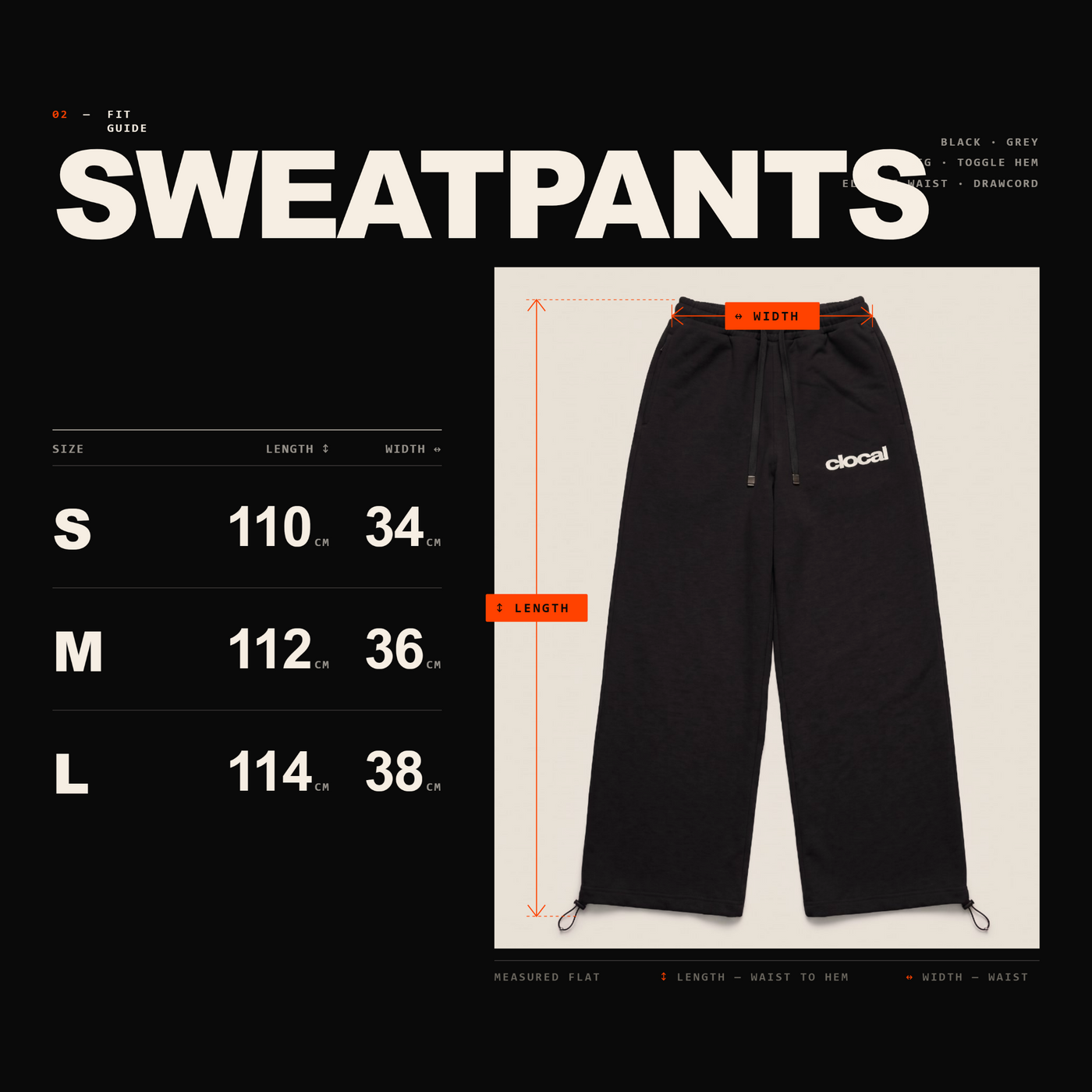 Size chart for CLOCAL SWEATPANTS: measurements in centimetres per size