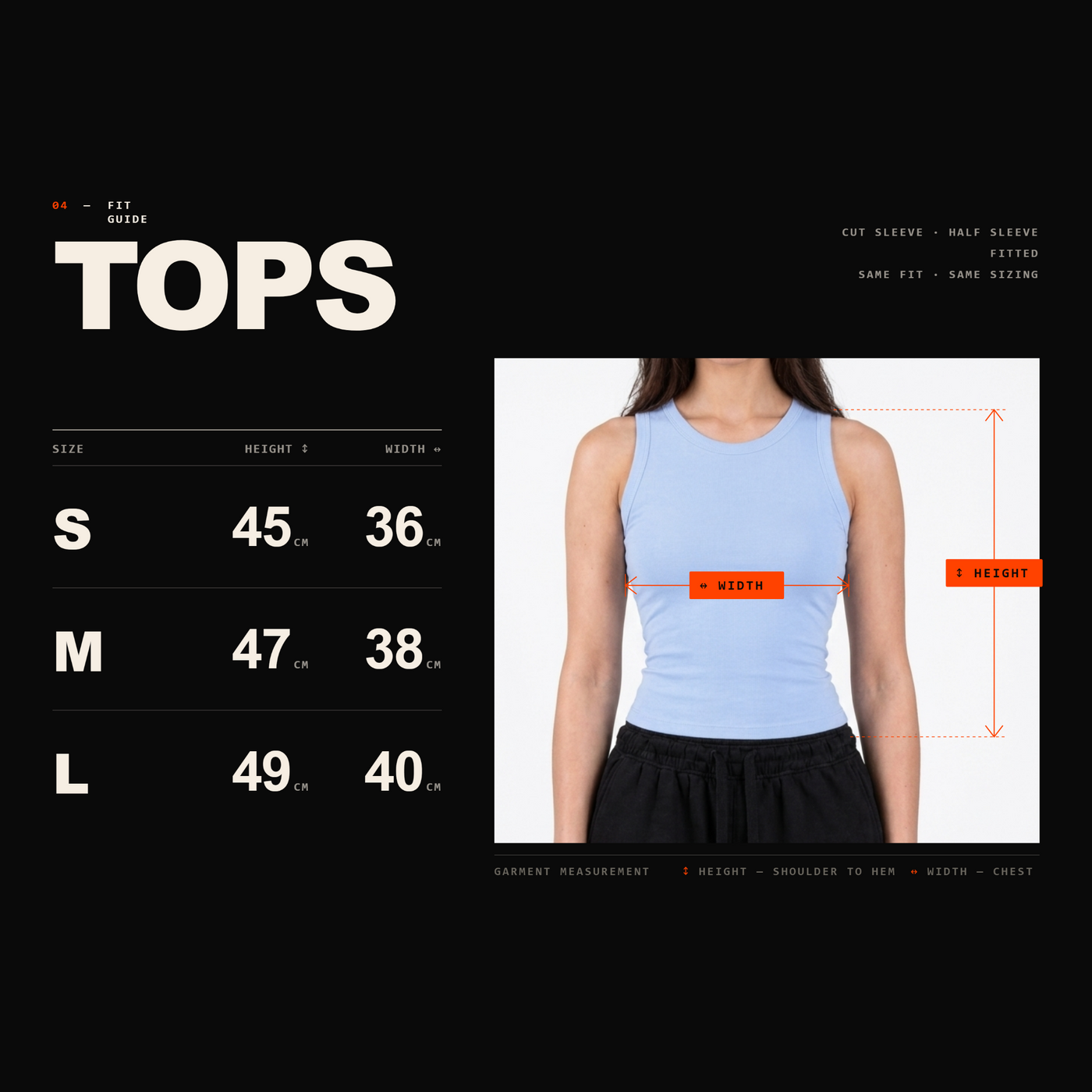 Size chart for CUT TOP: measurements in centimetres per size