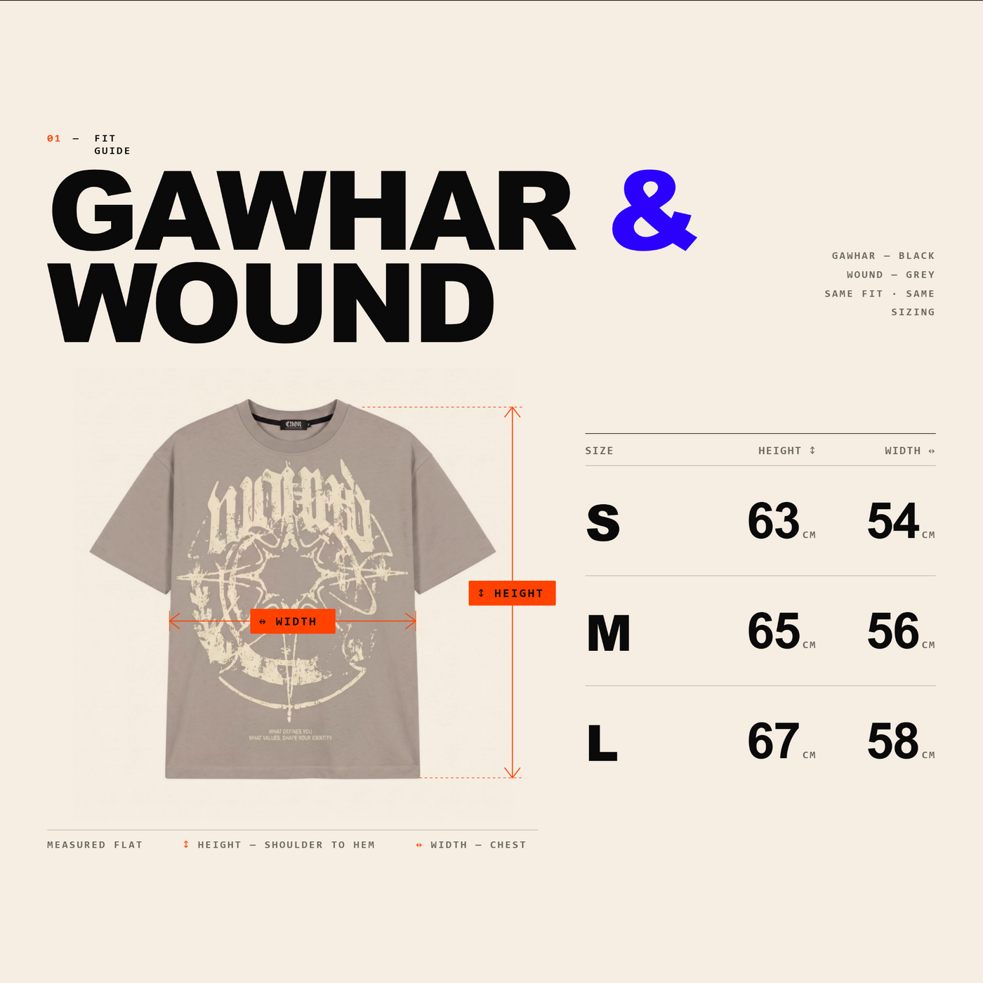 Size chart for WOUND TEE: measurements in centimetres per size
